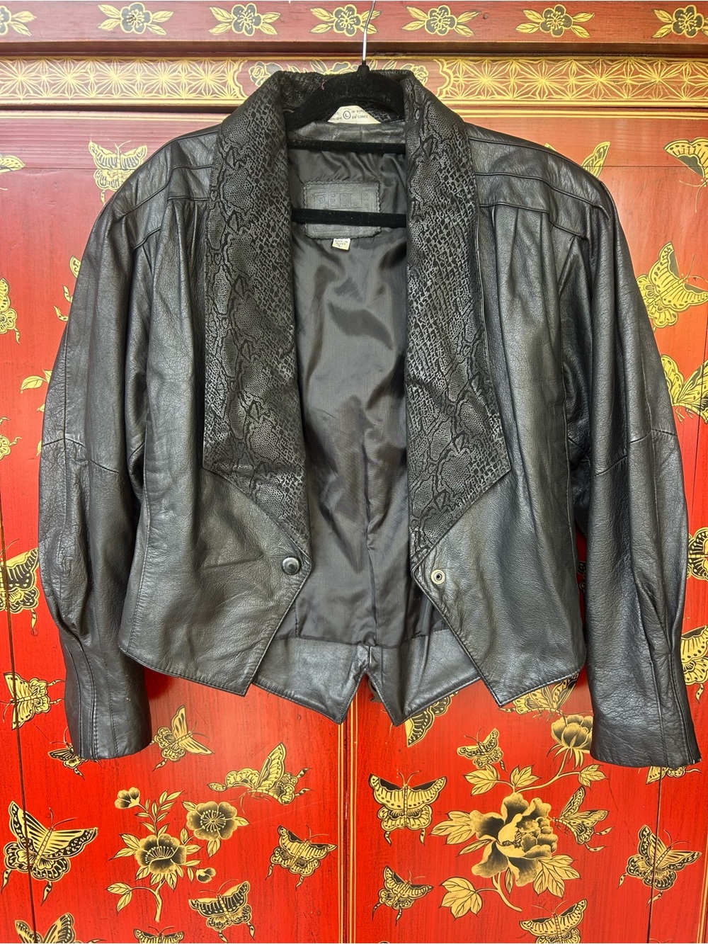 Elle Black Cropped Leather Jacket with Textured Shawl Collar